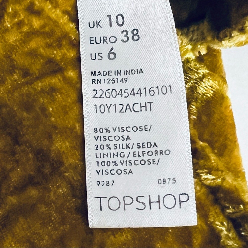 Topshop Mustard Crushed Velvet Mini Dress Size 6 - Picture 10 of 10